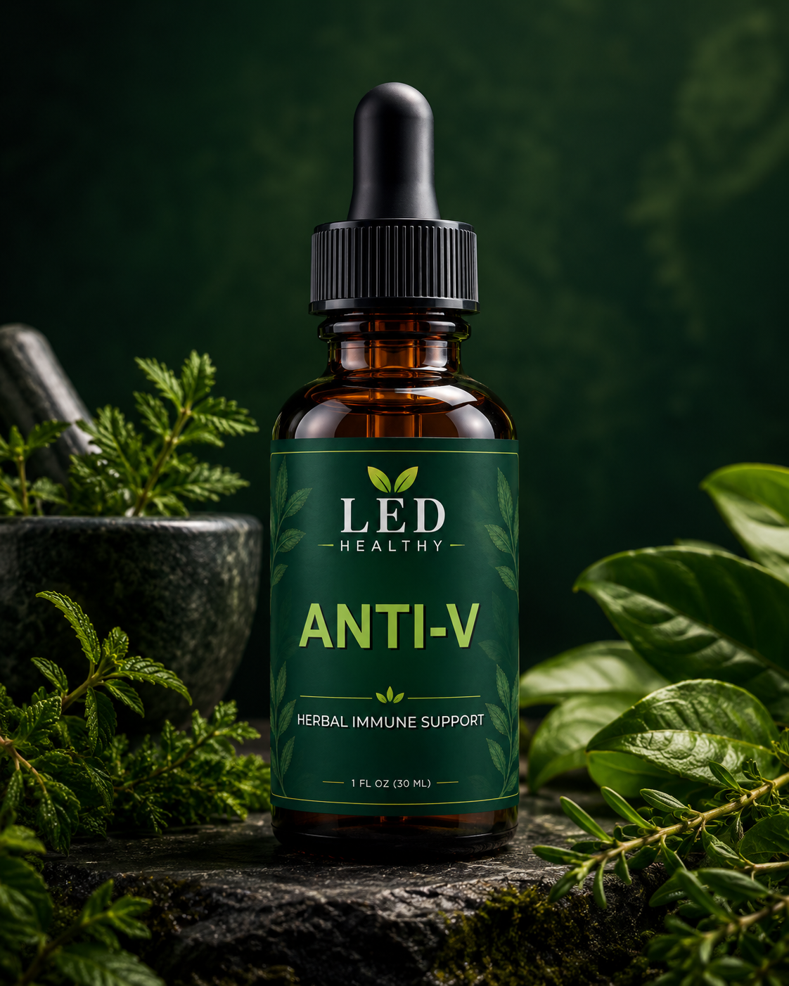 Tincture bottle nestled in fresh green herbs